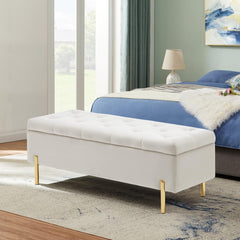 Velvet Storage Ottoman Bench with Hidden Storage, Ivory(Ivory)